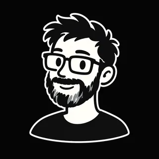 Line-drawn portrait of the author: glasses, dark tousled hair and a beard, smiling, in black and white.