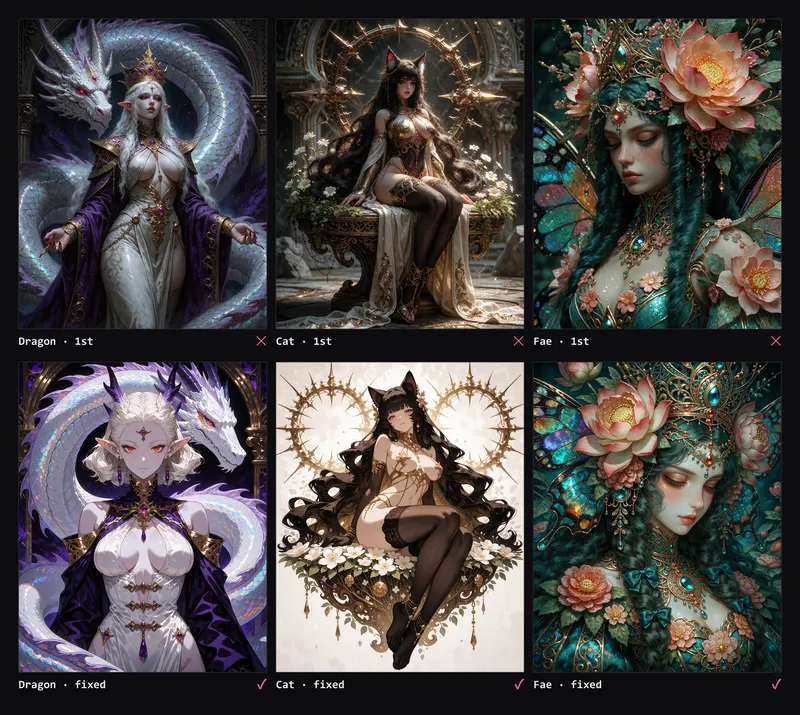 Contact sheet in two rows of three: the first batch of three concepts on top, which look like realistic paintings, and the corrected versions below, with clearly anime faces: an ivory dragon oracle, a golden cat goddess and a botanical fae empress.