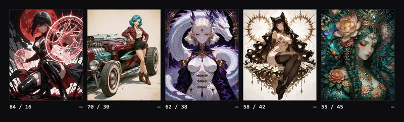 Contact sheet with five images ordered from most to least anime: a crimson and black sorceress, an atompunk hot rod pin-up, an ivory dragon oracle, a golden cat goddess and a botanical fae empress.