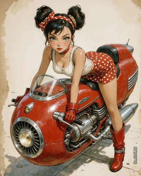 Una mujer de dos moños negros, top blanco, falda roja de lunares y botas rojas, inclinada sobre una moto roja y redondeada de motor cromado, sobre un fondo de papel envejecido.