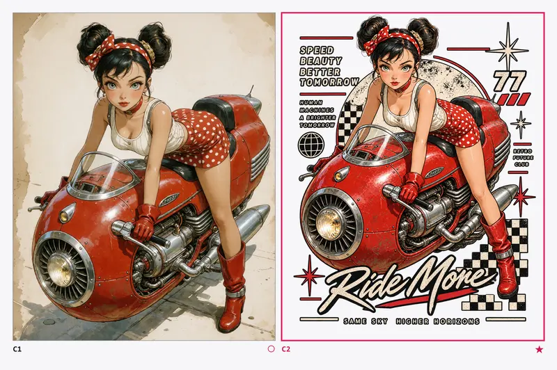 Hoja de contacto con dos imágenes: la lámina original de la mujer en la moto roja, y el gráfico de camiseta hecho a partir de ella, con las palabras «Ride More» y banderas a cuadros.