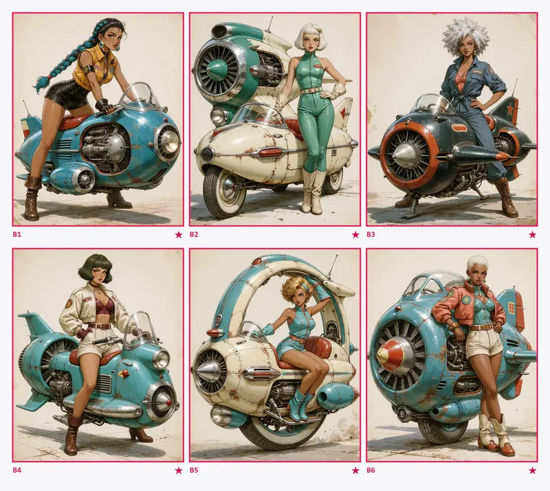 Hoja de contacto con seis imágenes de la cuarta tanda: seis mujeres distintas, con otro pelo, otra piel, otra ropa y otros vehículos, todas en el mismo estilo atompunk de papel envejecido.