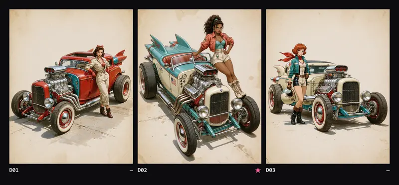 Contact sheet with the three direction tests: a red chopped coupe, a turquoise roadster with rocket fins and an ivory-and-black salt-flat hot rod, each with a woman beside it on aged paper.