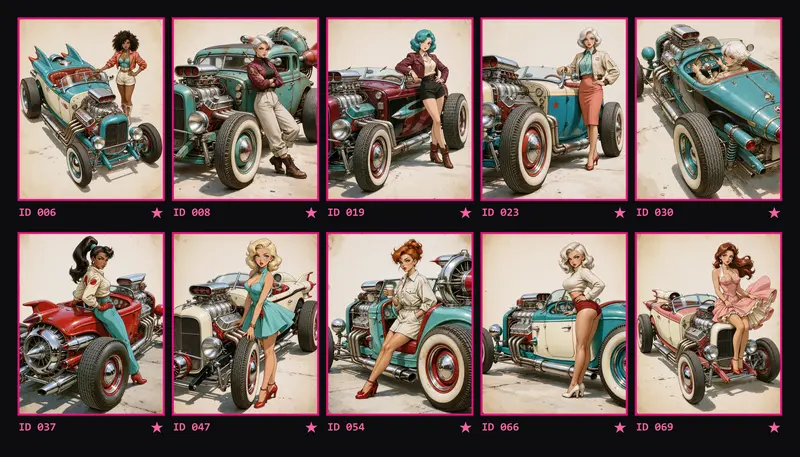 Contact sheet with the ten images chosen for the carousel: hot rods in turquoise, mint, maroon, cobalt, teal, red, ivory and pink, each with a woman posing next to or on it, on aged paper.