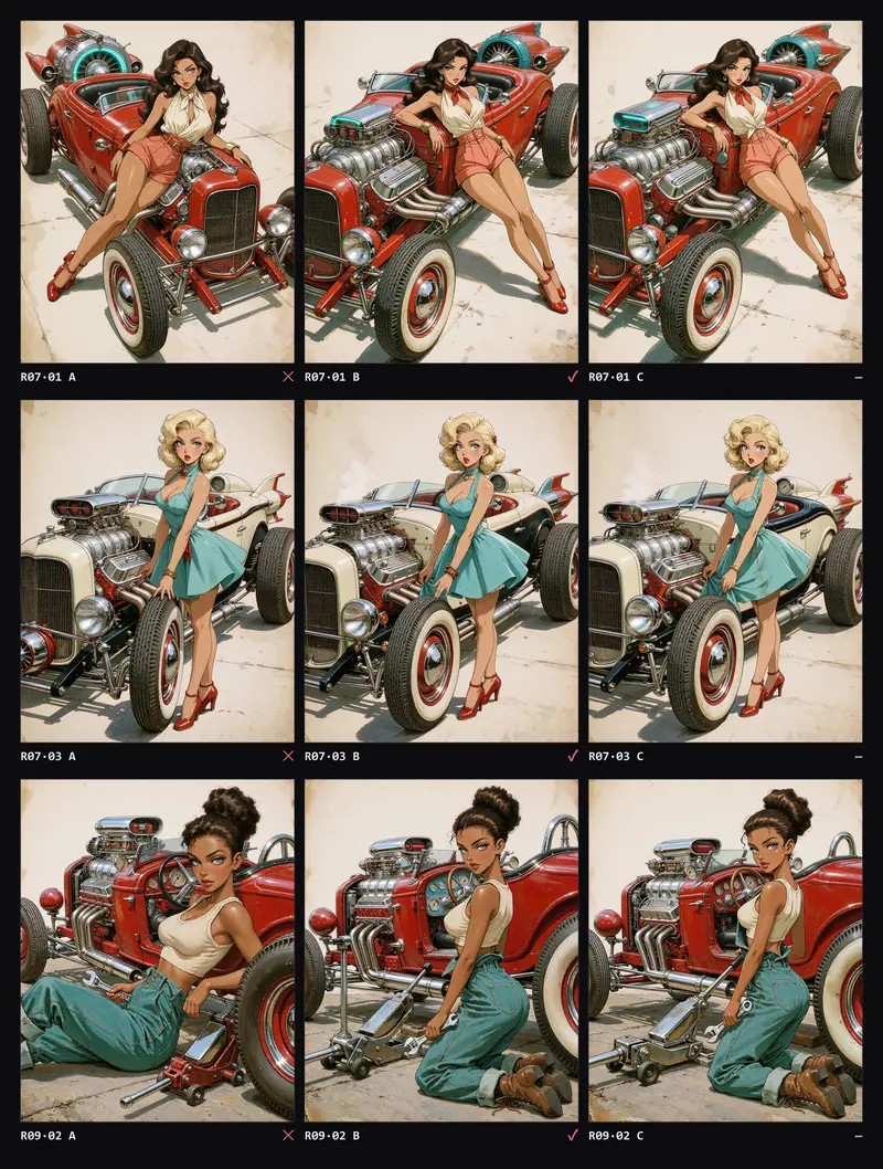 Contact sheet in three rows of three: for each of three scenes, the original with a toy-sized car, the version with size anchors and the version with the hips LoRA at 0.35.