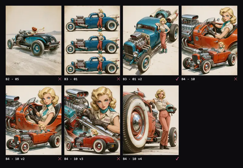 Contact sheet with seven attempts: a discarded stylistic drift, a side profile with stacked scenes and its diagonal replacement, and four versions of an engine portrait until the fourth one, a pin-up at the rear wheel, works.