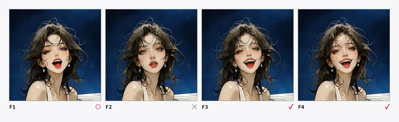 Contact sheet with four close-ups of the same face: laughing with eyes closed; serious with eyes open after the retouch; laughing again with eyes open; and laughing with eyes half closed.