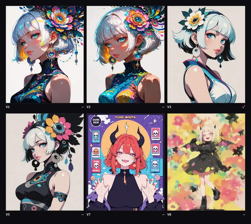 Contact sheet with six versions: four portraits of a white-haired woman with a flower ornament that get flatter and more vector-like, a neo-pop poster of a horned girl with red hair and a colorful blurred image of a dancing figure.