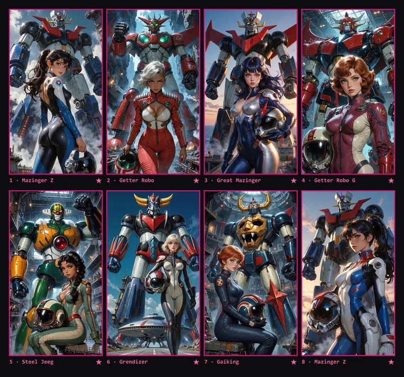Contact sheet with eight vertical plates, each with a giant robot from 1970s anime and a woman pilot, in the order of the reel.