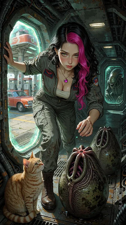 Alexita in a military jumpsuit in a ship's hold, among alien eggs and an orange cat.