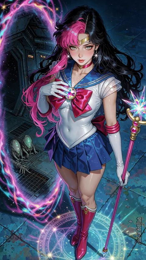 Alexita in a sailor uniform with a staff and a magic circle under her feet.