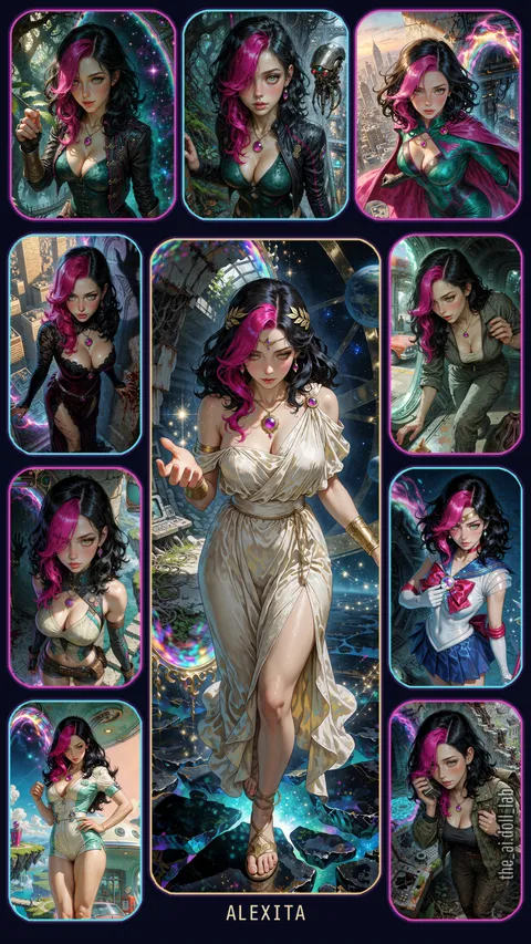Vertical collage of the ten Multiverse universes: nine neon-framed panels around, and in the center Alexita in a white tunic with a laurel crown (God). At the bottom, the title "ALEXITA".