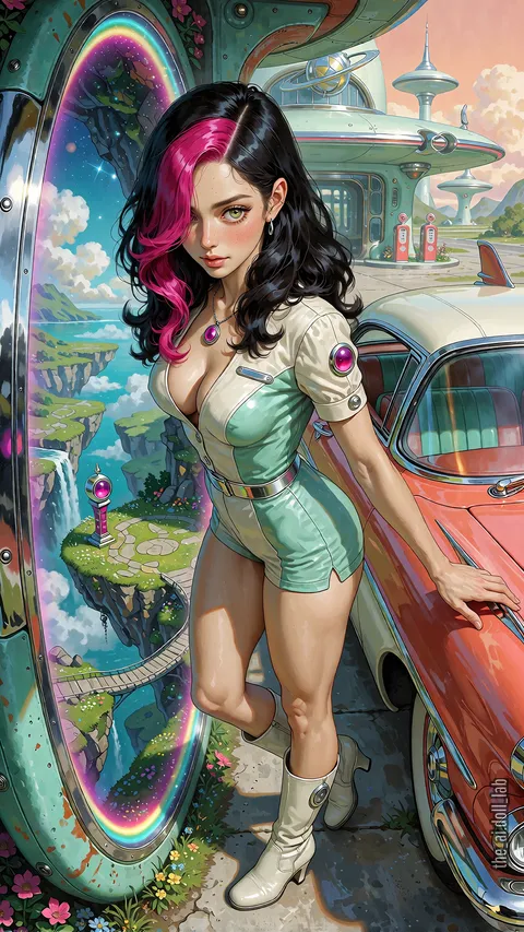 Alexita in a mint-green dress beside a red car, with a rainbow portal and a retro-futuristic station.