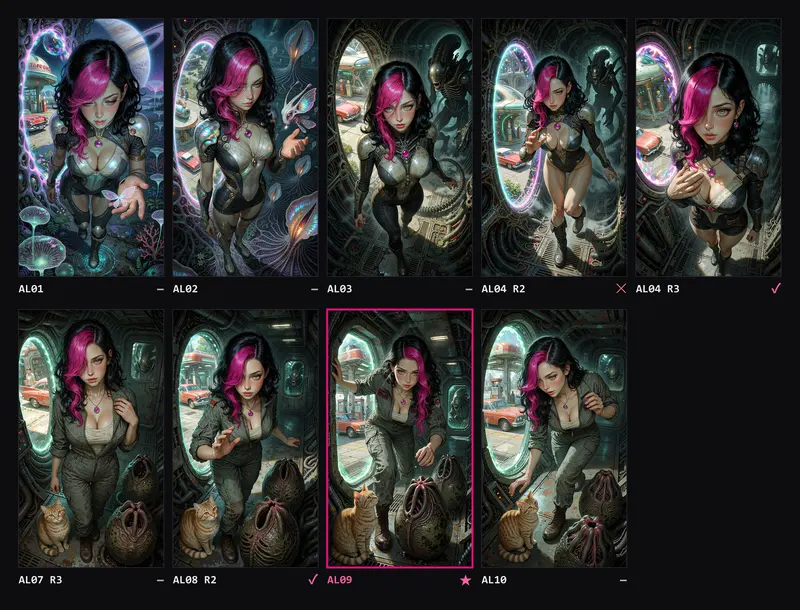 Contact sheet of nine Alien attempts: from a garden-moon, through a biomechanical corridor with a xenomorph, to Alexita in a military jumpsuit among alien eggs and an orange cat.