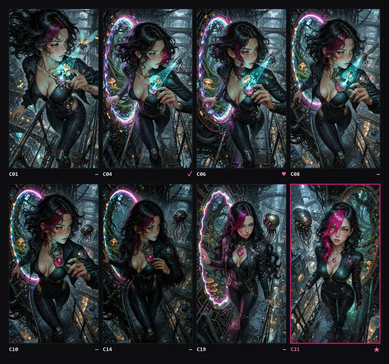 Contact sheet of eight Cyber attempts, C01 to C21: Alexita in a city of rain and neon, with a drone or sentinel and a portal to the forest.