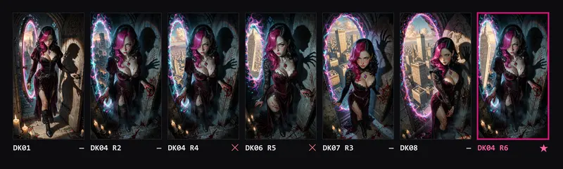 Contact sheet of seven Dark attempts: Alexita in a gothic cloister, with blood, a clawed shadow and a portal showing a city at sunset, from the first test to the regenerated versions.