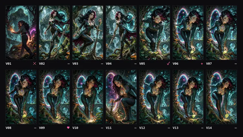 Contact sheet of the 14 attempts to find Fantasy's style, V01 to V14: from the first cartoonish image, through the armor and sword, to the forest with the portal and the variations of the chosen recipe.