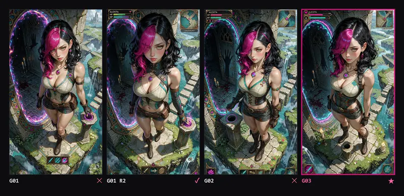 Contact sheet of four Game attempts: Alexita in a world of floating platforms with an RPG interface, health bars and a minimap, and a portal.