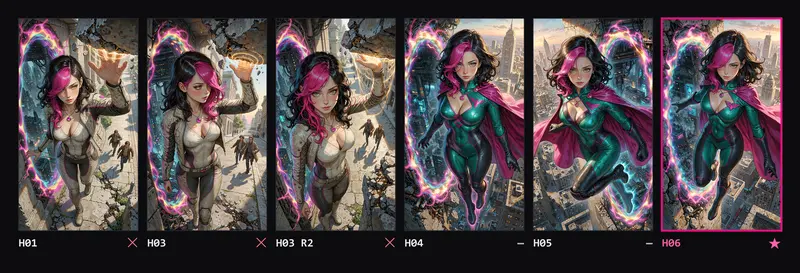 Contact sheet of six Hero attempts: first Alexita holding up a block of walkway, then flying over a city at dawn in a continuous emerald suit, magenta cape and a portal.