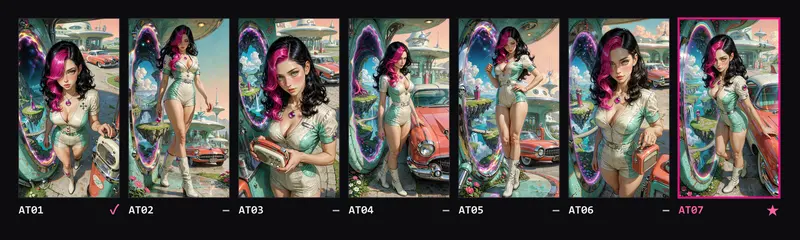 Contact sheet of seven Retro attempts, AT01 to AT07: Alexita beside a red car at an atompunk service station, with a rainbow portal to a platform world.