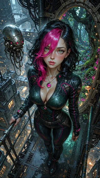 Alexita in a futuristic alley, with a floating drone beside her and a green portal behind.