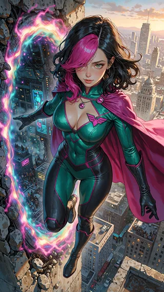 Alexita flying over a city at sunset in a magenta cape and green suit, with an energy portal.