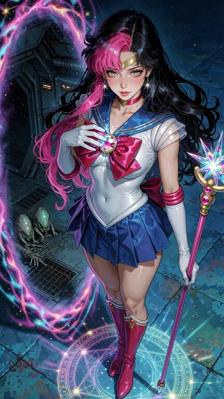 Alexita in a sailor uniform with a staff and a magic circle under her feet.
