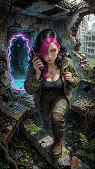 Alexita in a plant-covered ruin, radio in hand, with a portal in the broken wall.