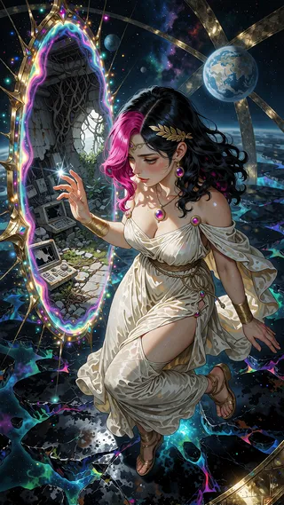Alexita floating among planets in an ivory draped gown and laurel crown, before a golden portal.