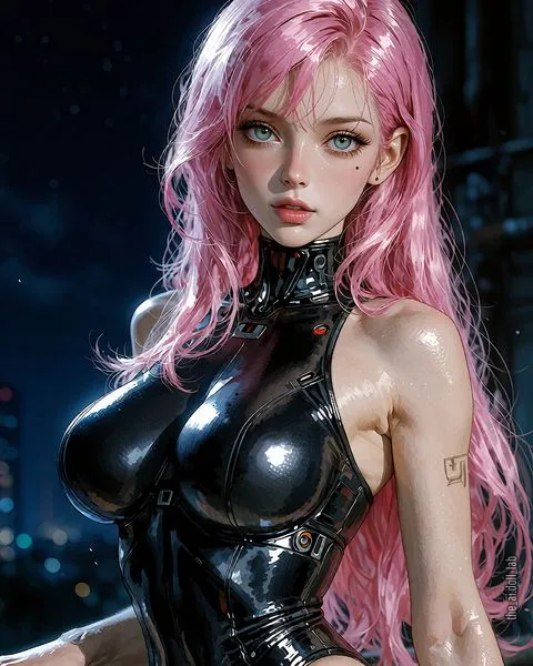 Aiko con pelo rosa largo y traje negro brillante, apoyada en una baranda de noche. No lleva pinza en el pelo.