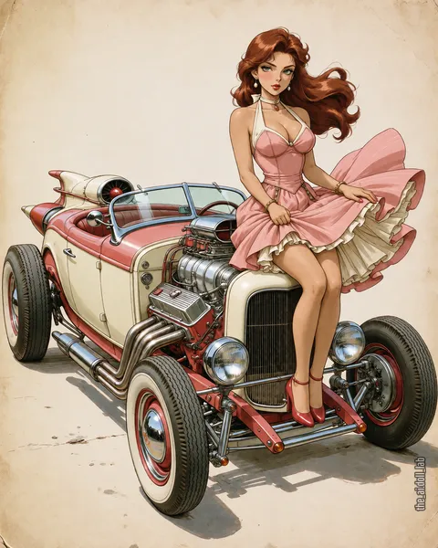 Una mujer pelirroja de vestido rosa de cuello halter sentada sobre el capó de un hot rod crema y rojo con motor cromado, con la falda levantada por el viento, sobre un fondo de papel envejecido.