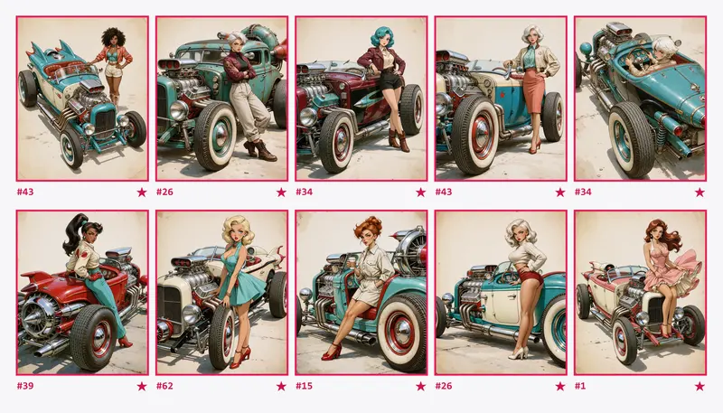 Hoja de contacto con las diez imágenes elegidas: diez mujeres distintas junto a diez hot rods de colores, poses y ángulos de cámara diferentes.