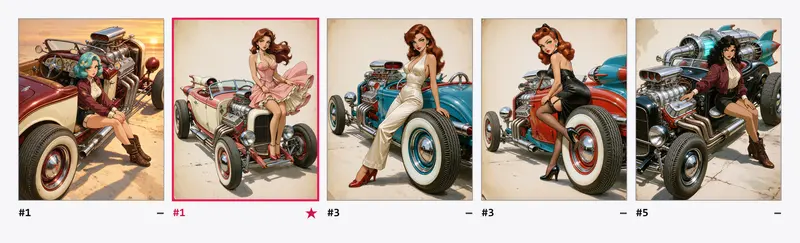 Hoja de contacto con las cinco imágenes de más puntaje: cinco mujeres sentadas o apoyadas en hot rods antiguos de grandes motores cromados.