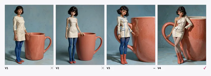 Hoja de contacto con cuatro versiones de una mujer junto a una taza coral grande: una mujer ilustrada sin más, una muñeca de juguete articulada, un personaje estilizado y el mismo personaje con más actitud.